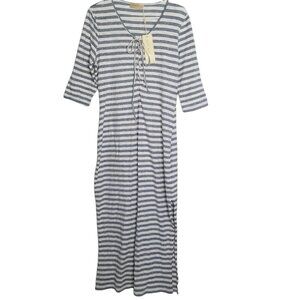 Kate Kasin Blue White Striped Tee-Shirt 3/4" Sleeves Maxi Dress Size Lar…